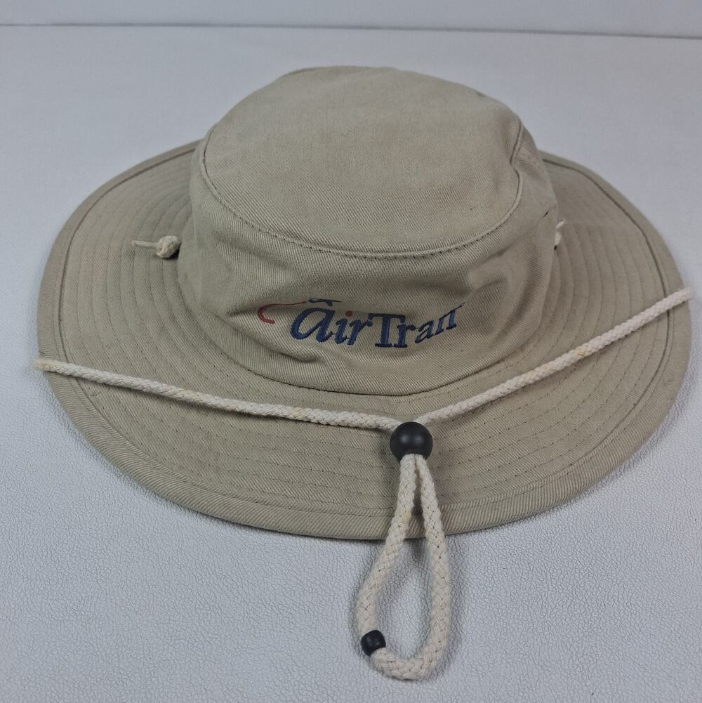 Vtg AirTran Airways Magic Headwear Khaki Boonie Safari Sun Hat L/XL Chin Cord